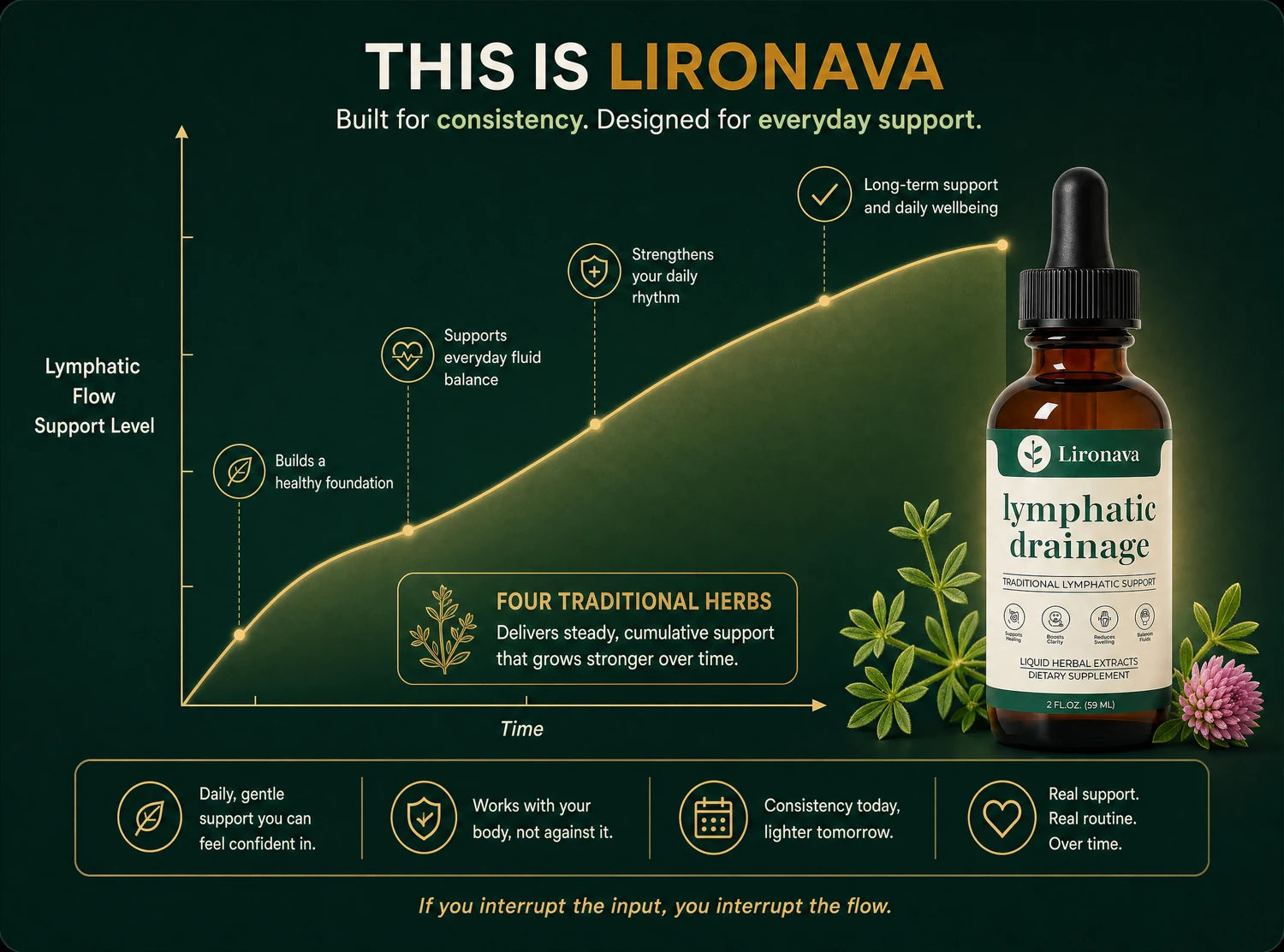 Chart showing how Lironava builds steady lymphatic flow support over time
