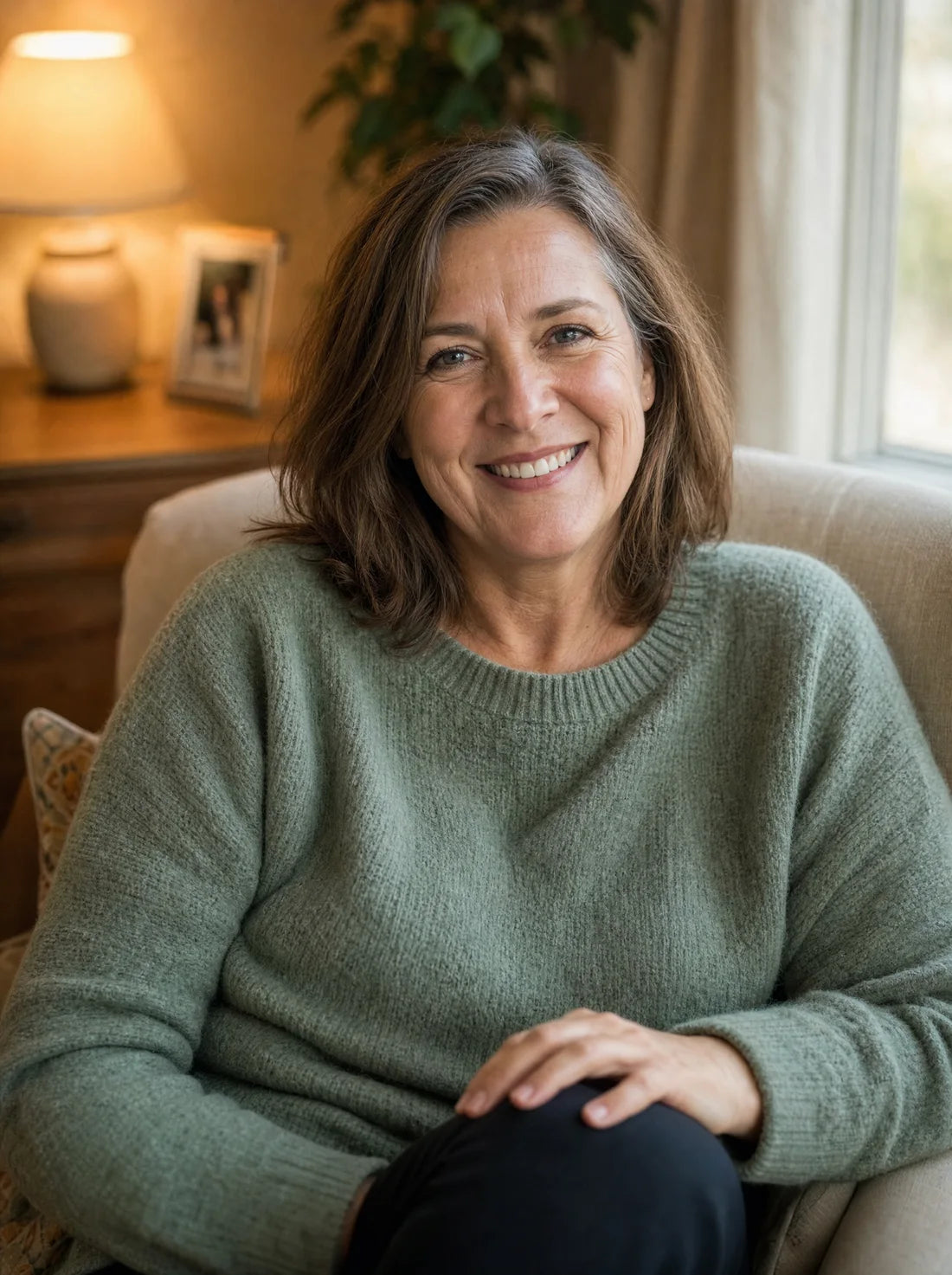 A relaxed woman at home, comfortable in her own body