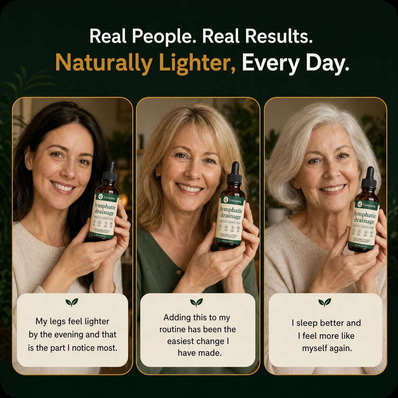 Three Lironava customers holding their bottle at home