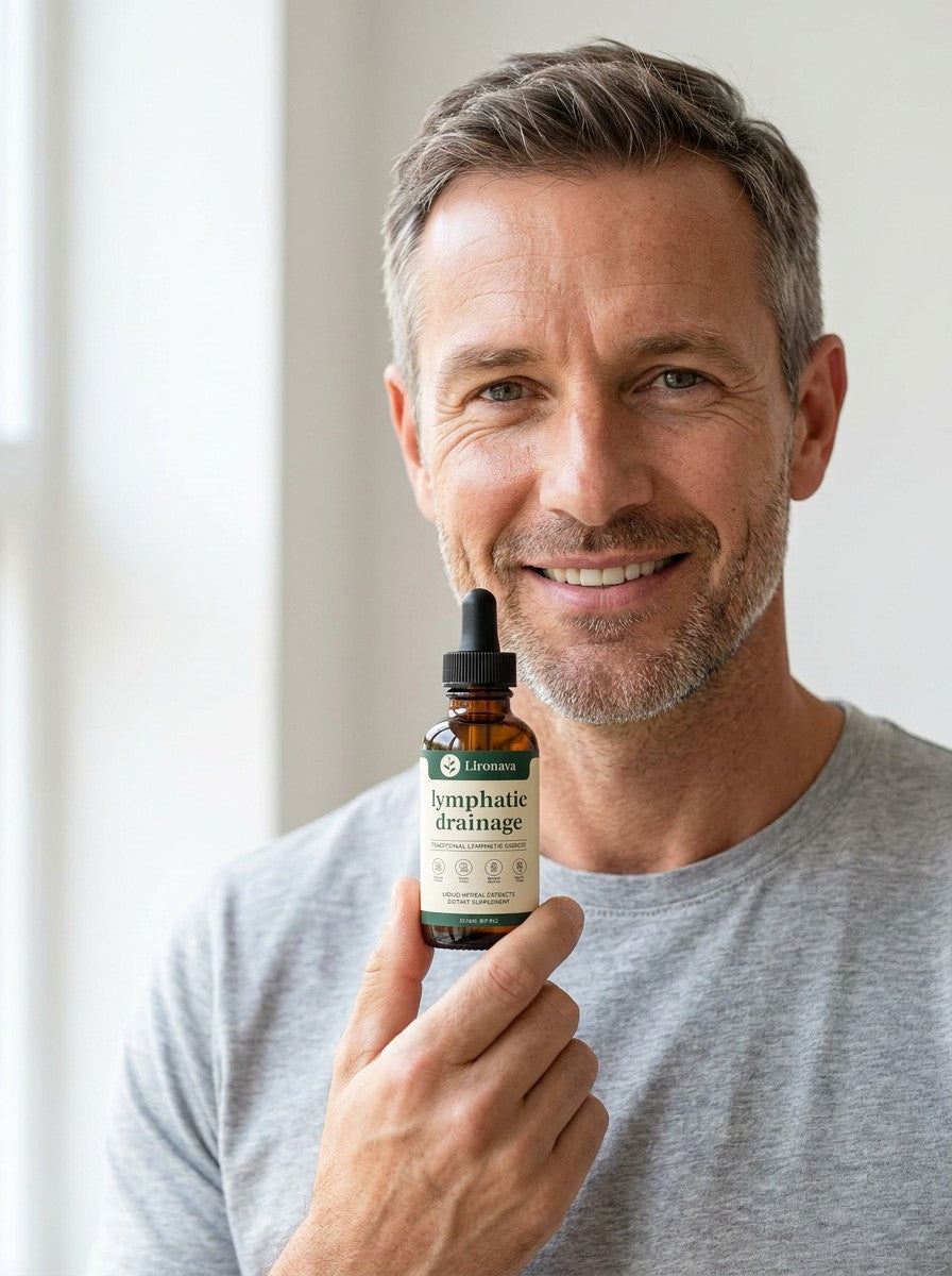 Man holding Lironava lymphatic drainage drops