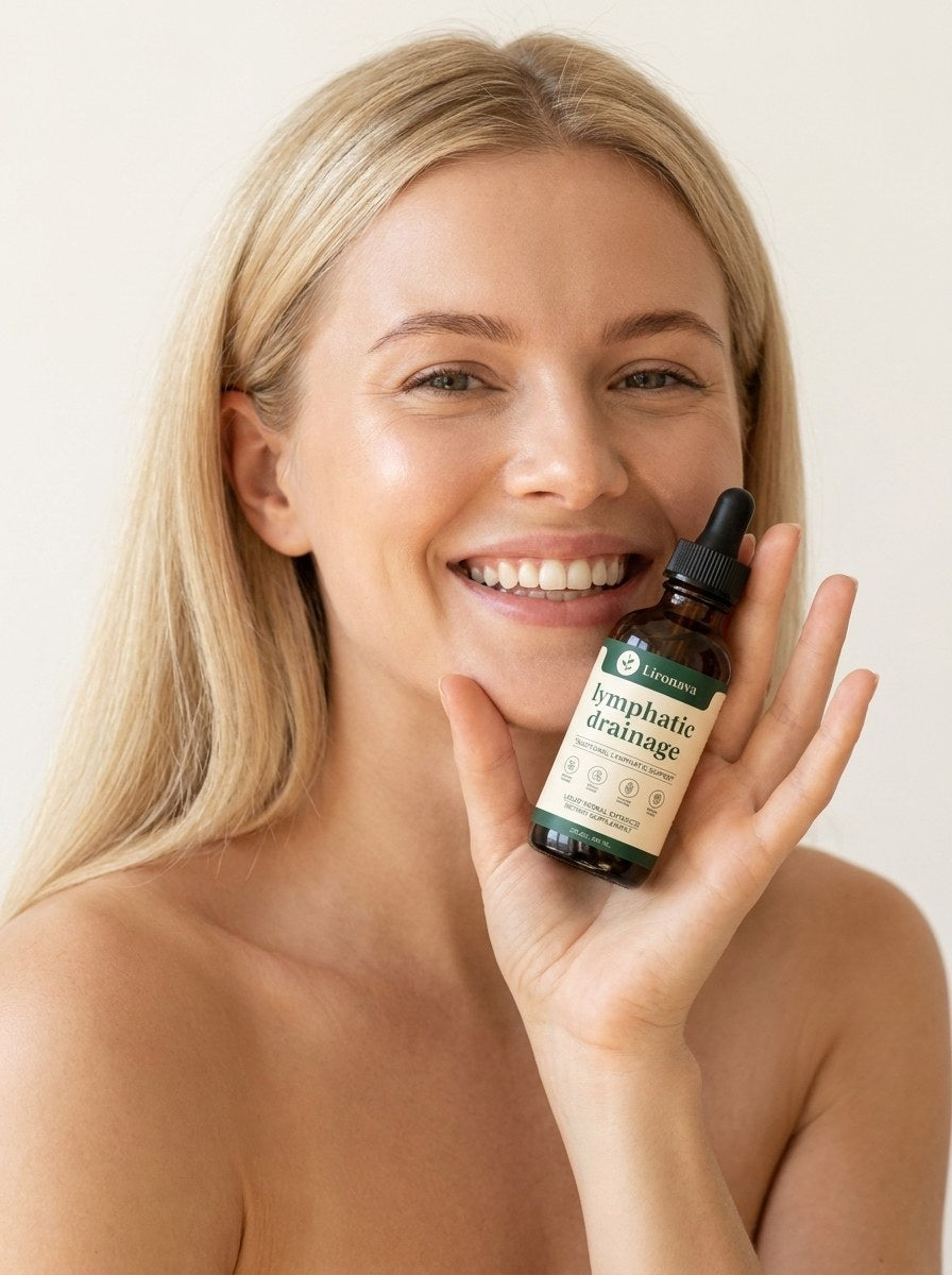 Woman holding Lironava lymphatic drainage drops